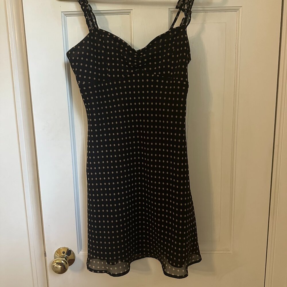 urban outfitters mini black dress with purple/cream polka dots